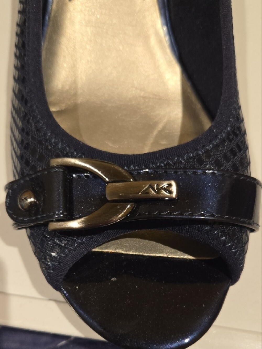 Anne Klein Sport Navy Peep-Toe Flats with Gold Buckle